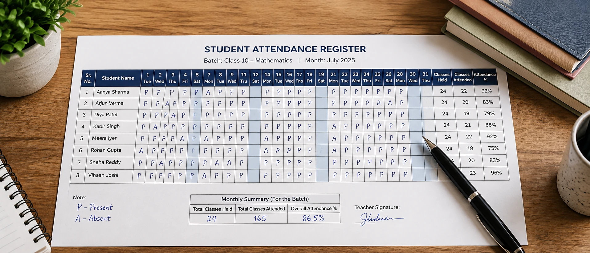 Attendance register template for a tuition class showing student names and daily present/absent marks