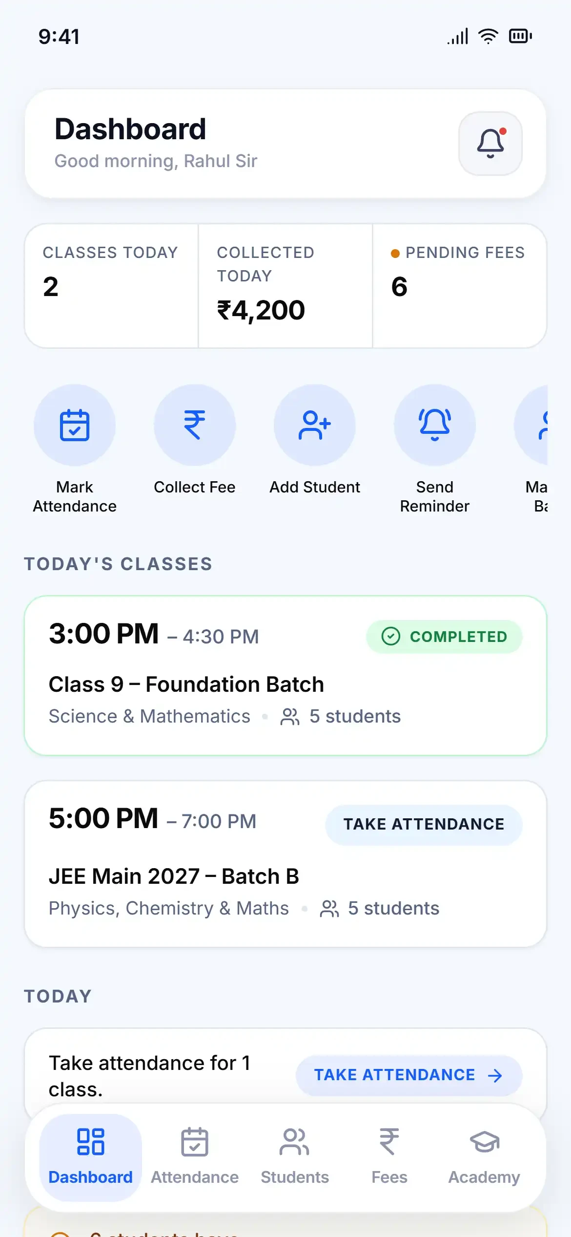 GuruDesk dashboard showing students, batches, attendance and fee information