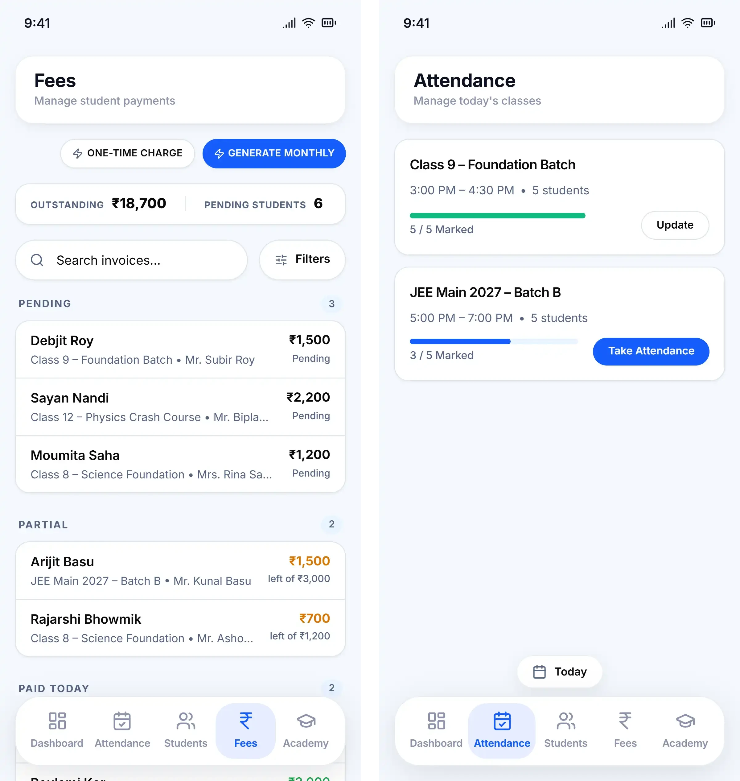 GuruDesk fee management and student attendance screens