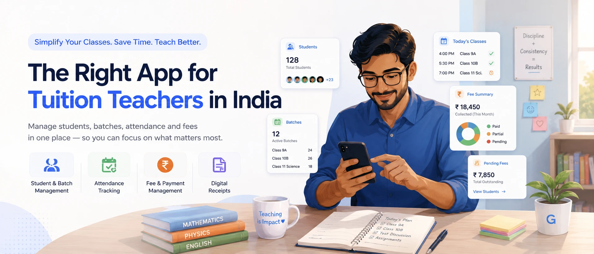Tuition teacher using a mobile app to manage students, attendance and fees