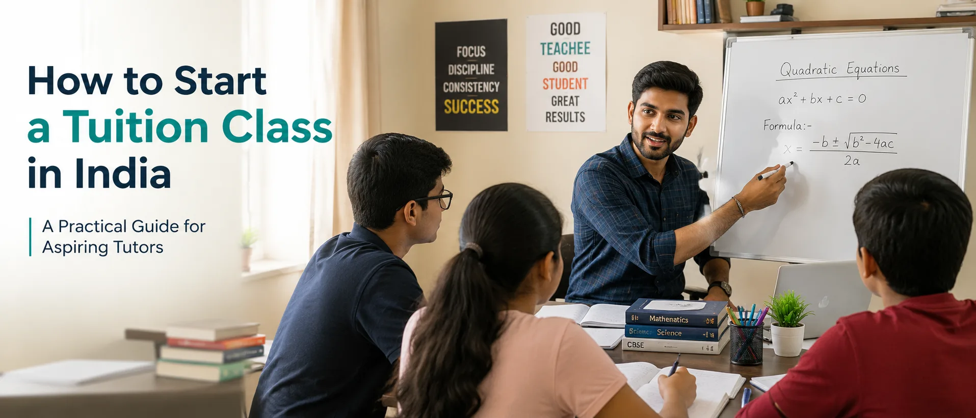 Teacher preparing to start tuition classes in India with students, books and a whiteboard